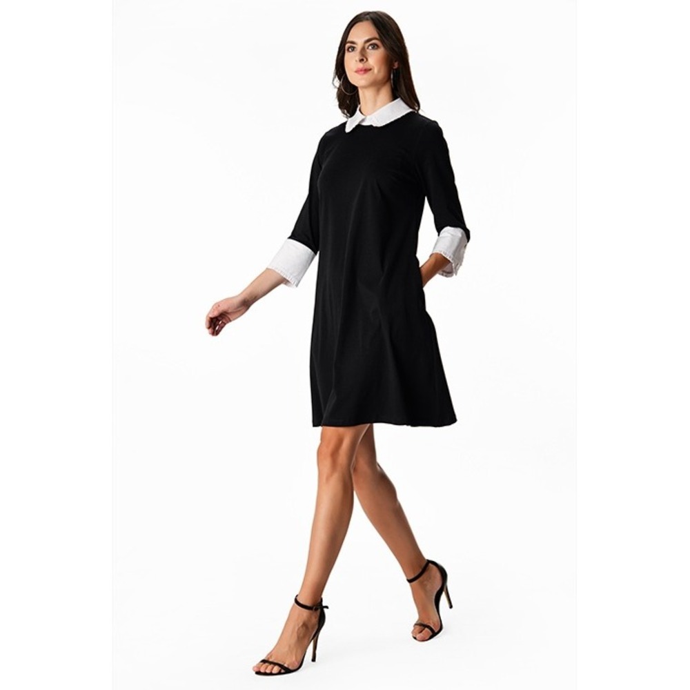 Ming Wang Black White‎ Knit Shift Dress Collar 3/4 Sleeve Office Career - Size L